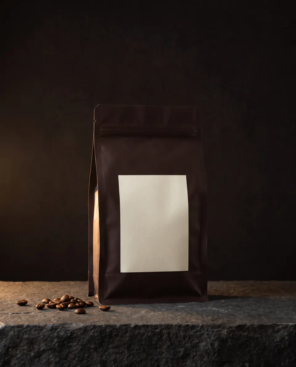 The Huye bag: matte espresso brown with an ivory label, on dark stone