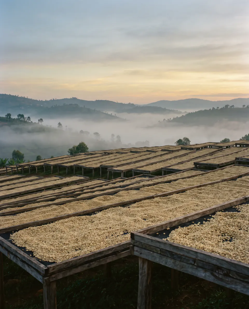 Coffee drying on raised beds at a hillside washing station at dawn, mist over the hills