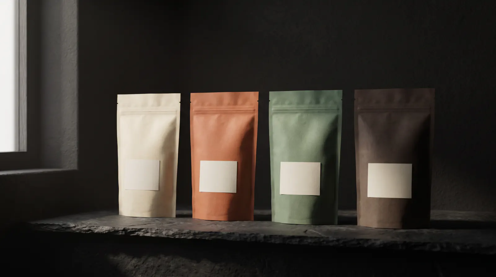 Four Kawa Kawa bags in ivory, clay, sage and espresso brown standing on a dark stone ledge