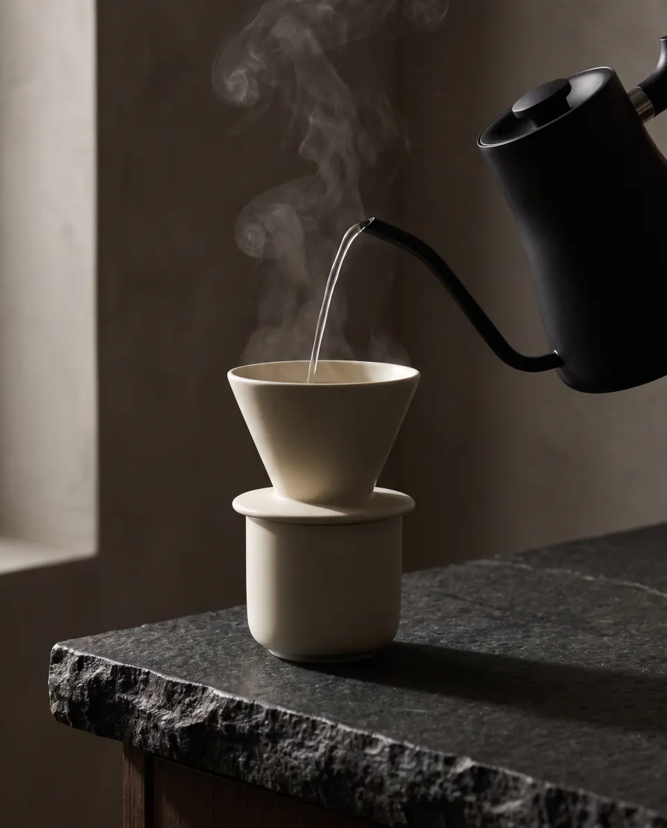 A slow pour-over into an ivory ceramic dripper on a dark stone counter
