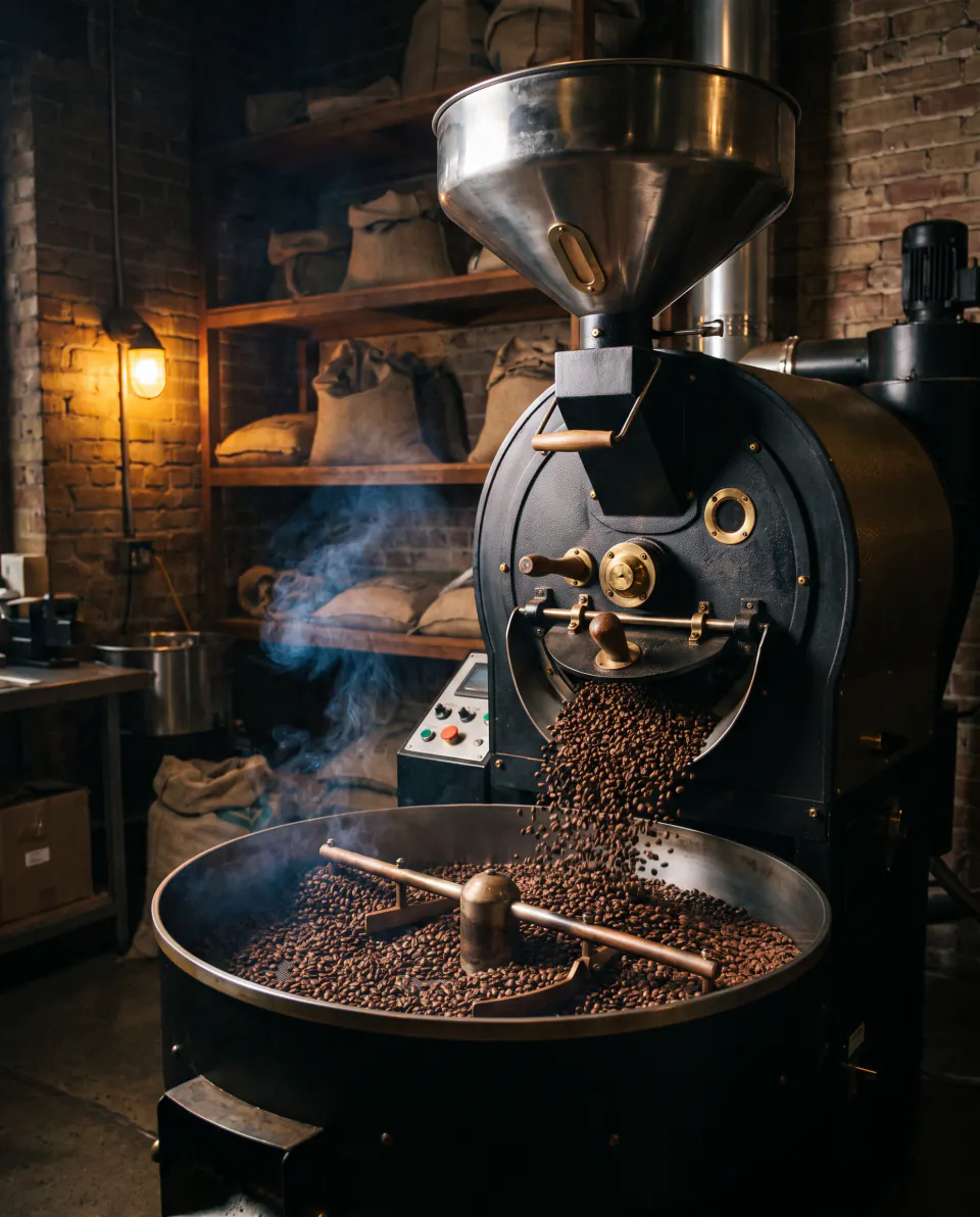 Freshly roasted beans tumbling from a drum roaster into the cooling tray